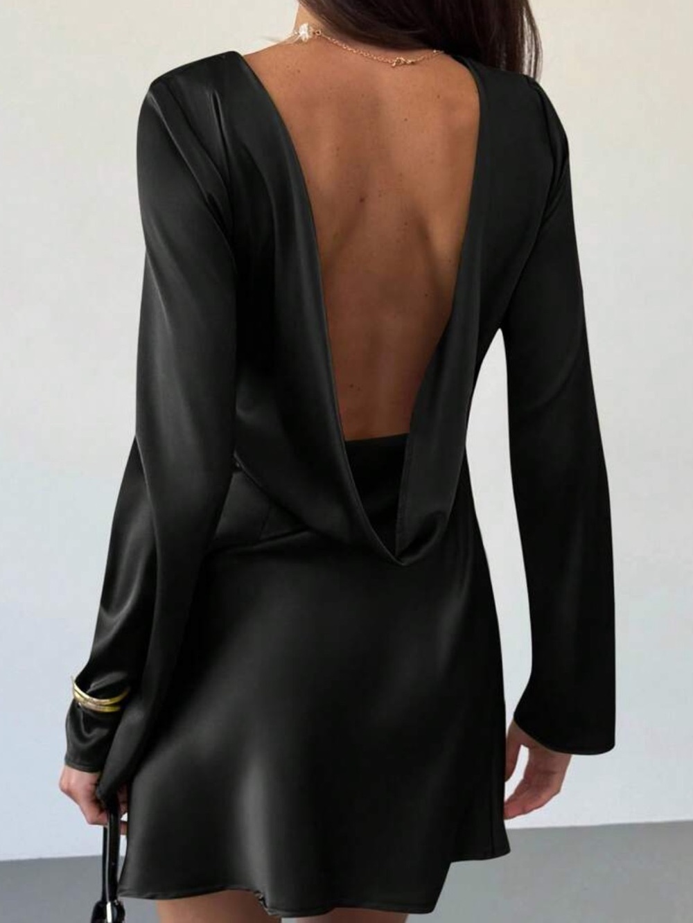 Elegant Black Open-Back Satin Mini Dress